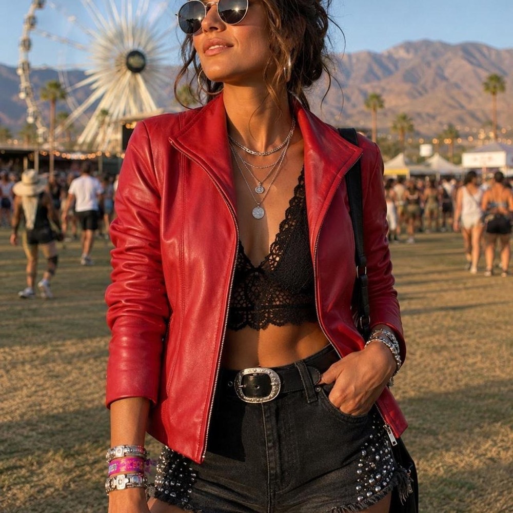 Vintage Red Genuine 100% Leather Zip Jacket Women's Fitted Moto Classic Y2K